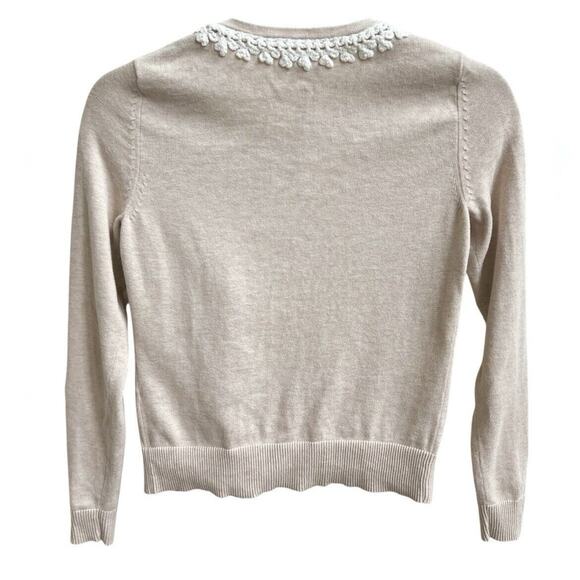 Banana Republic Open Knit Short Cardigan Sweater XS Oatmeal Crochet Trim Cotton - Picture 2 of 4